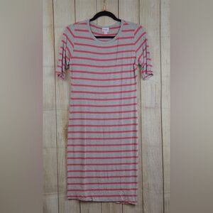 LuLaRoe Julia Pink and Gray Striped Midi Dress